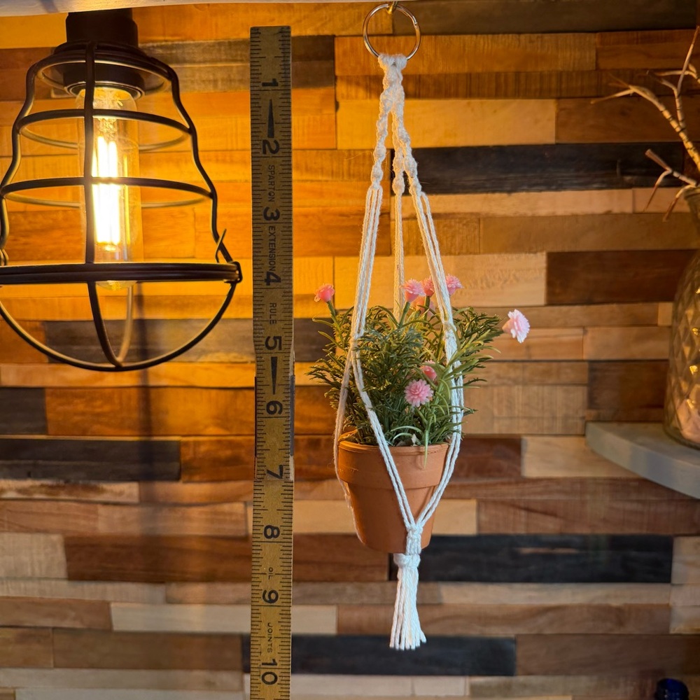 Hand Crafted Macrame Plant Hanger with Pink Flowers - Picture 2 of 2